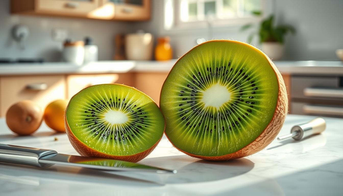 Vivid close-up of sliced kiwi reveals emerald interior, black seeds on kitchen counter.