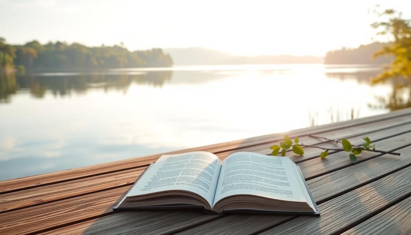 A tranquil lakeside morning with meditation space, tea, journal, and rolled yoga mat.