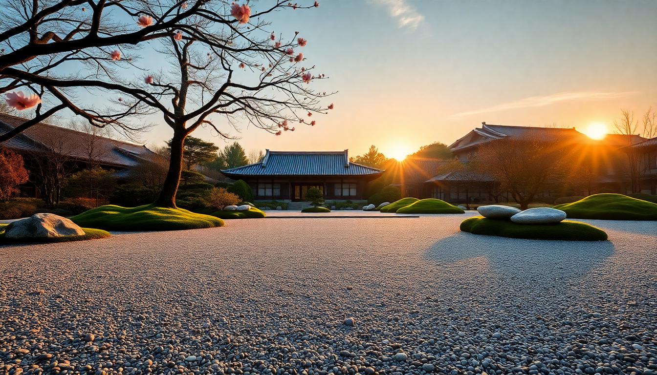 Serene Japanese Zen garden at dawn with raked gravel, stones, and cherry blossoms.