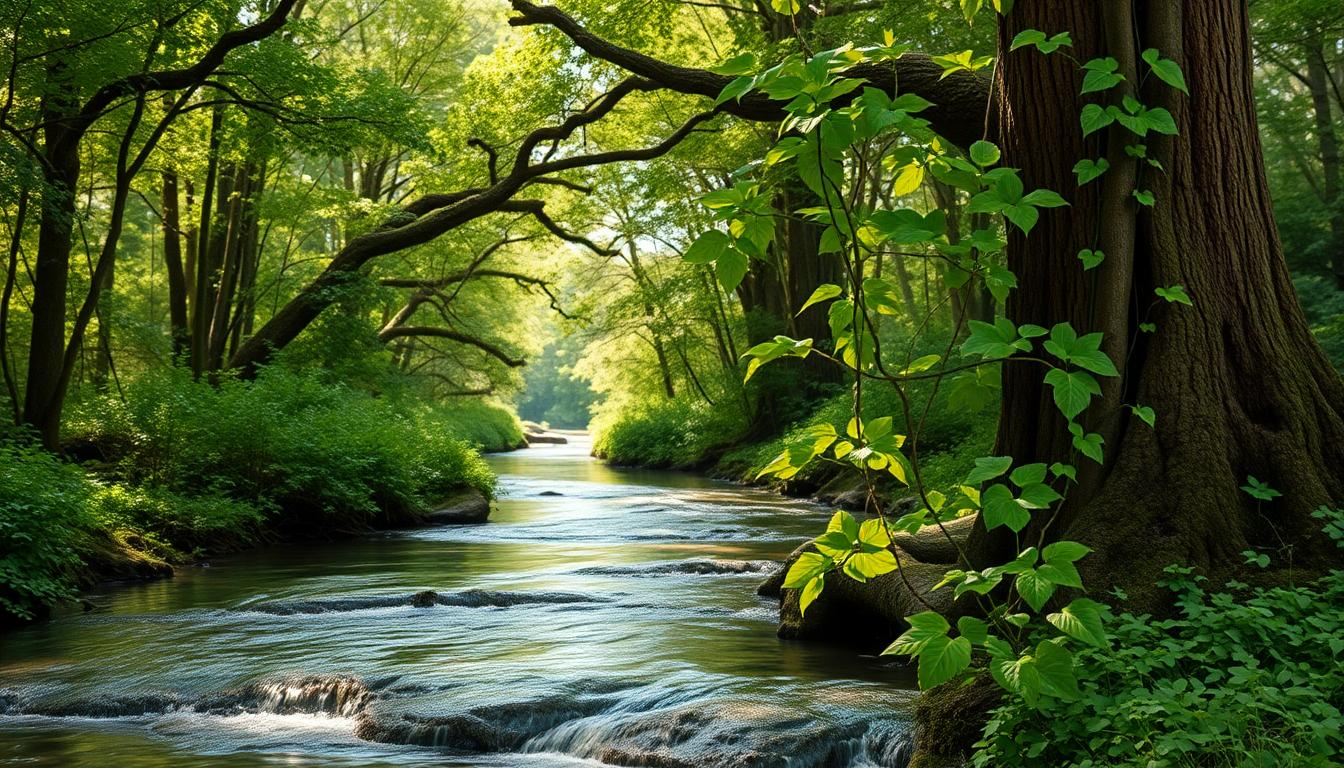 A serene forest scene with flowing river, vibrant leaves, and intertwined vines symbolizing connection.