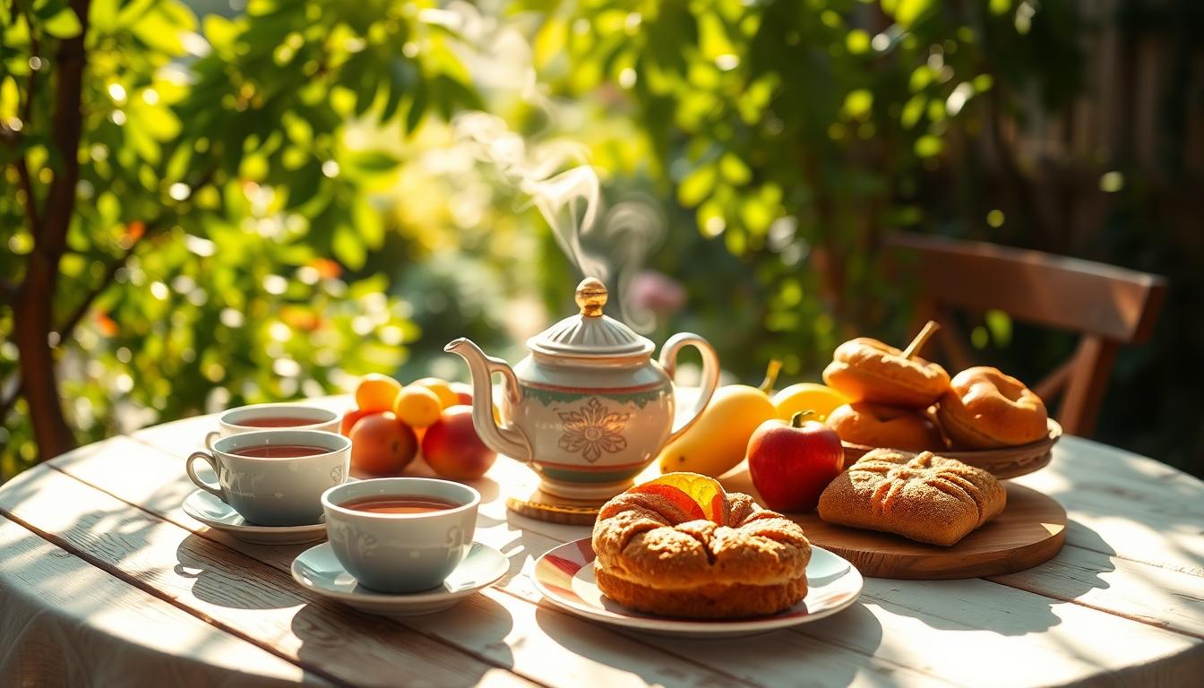 Serene garden table with teas, pastries, fruits; sunlight filtering through foliage creating a peaceful ambiance.
