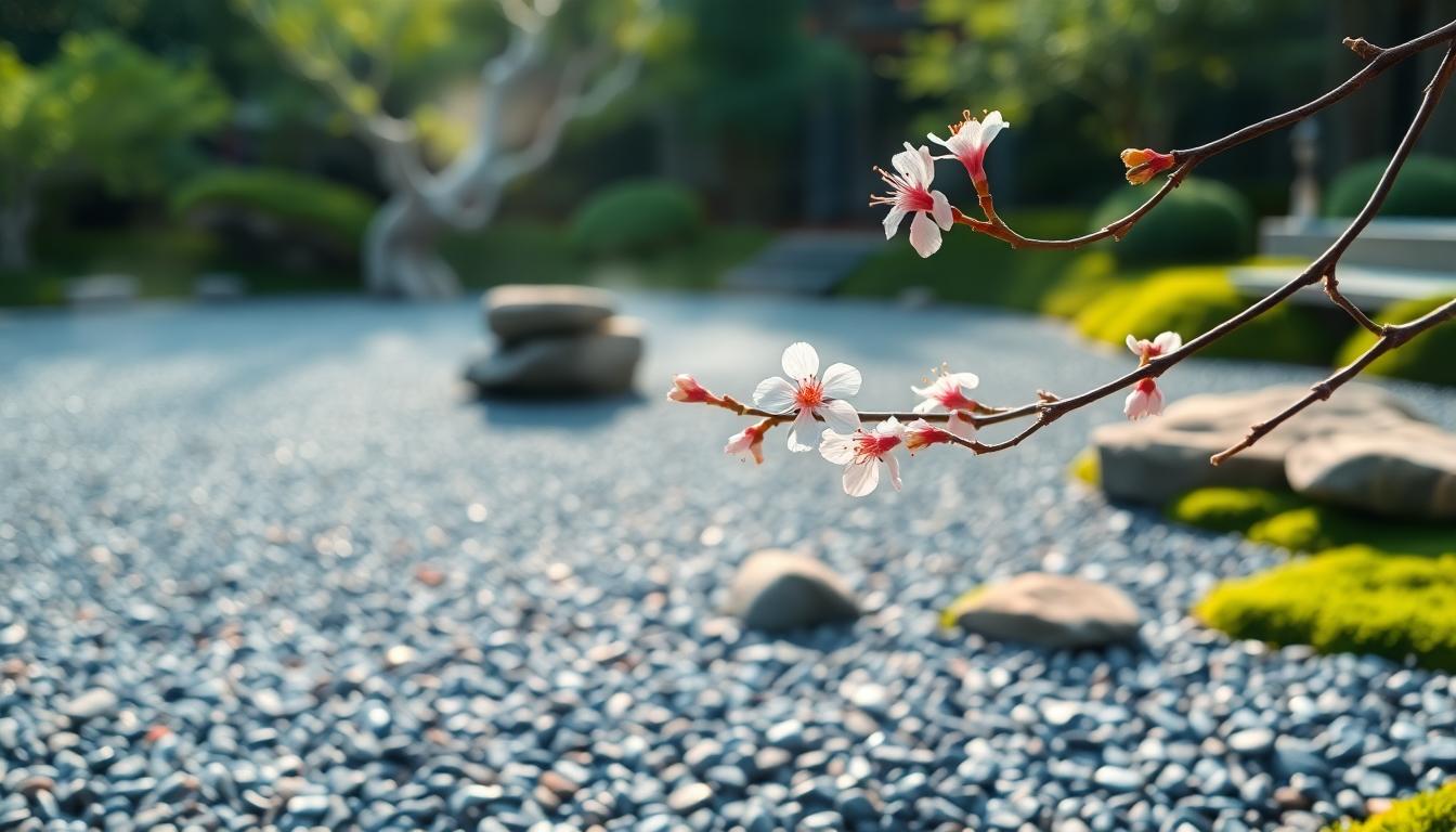 Cherry blossom branch in tranquil Japanese Zen garden with misty morning light.
