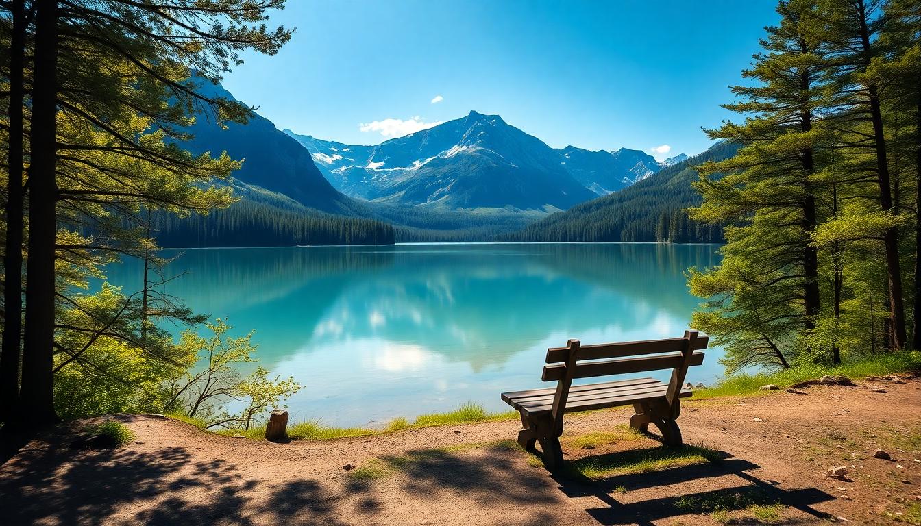Serene lake reflecting mountains and sky, surrounded by vibrant forest and a lone bench.