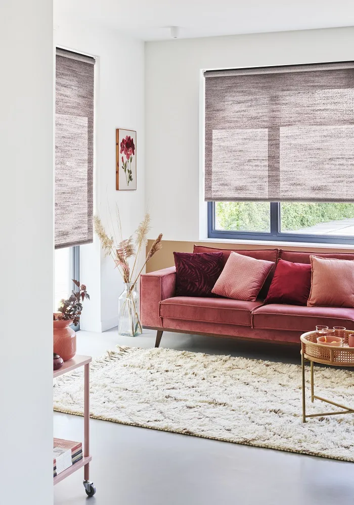 Farverig stue med mat semitransparent bordeaux rullegardiner i moderne hjem