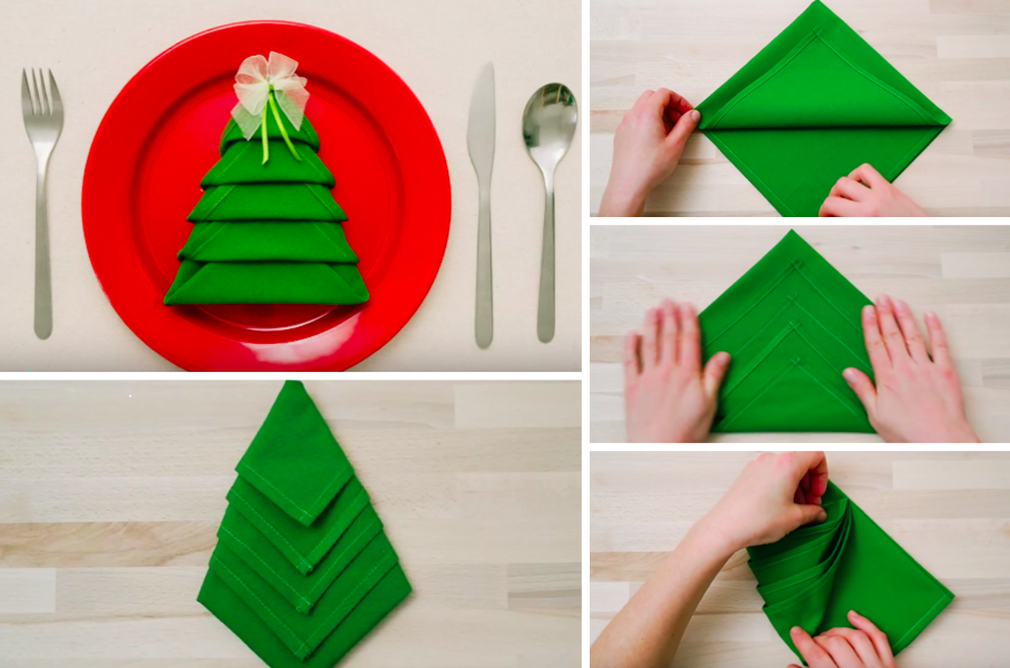 Tuto: apprenez à plier vos serviettes de table sur le thème de Noël : Le sapin, la botte et le chapeau de lutin