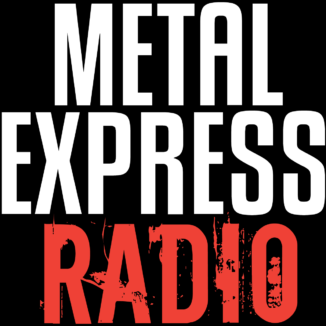 Metal Express Radio logo, squared, white and red on black background