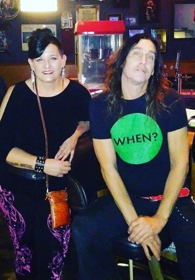 Crew member Jaime Pouloswith Jeff Young (ex-Megadeth), backstage at The Dive Bar, Las Vegas, Nevada, USA, 2018