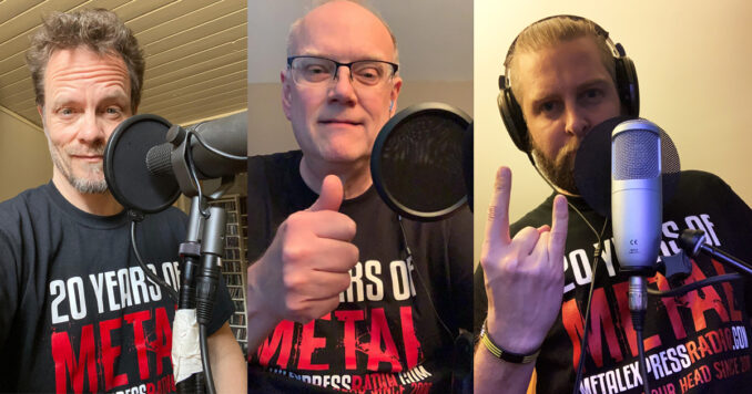 MER partners Photo collage showing three men wearing the same Metal Express Radio t-shirt and sitting behind a microphone.
