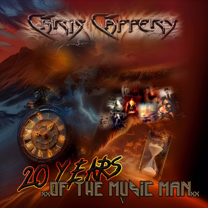 A strange landscape with an old pocket watxh on one side and an hour glass on the other, with misty snippets of Chris Caffery album covers in between.