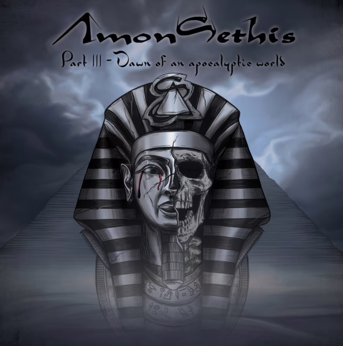 AMON SETHIS – Part III: Dawn Of An Apocalyptic World cover art The album cover for Amon Sethis – Part III: Dawn Of An Apocalyptic World. It depicts a large, detailed drawing of an ancient Egyptian pharaoh's head in a nemes headdress. The left side of the face is alive, with red lines resembling blood or tears, while the right side is a decaying skull. In the smoky background, two large pyramids ascend towards a dark, cloudy, and ominous sky.
