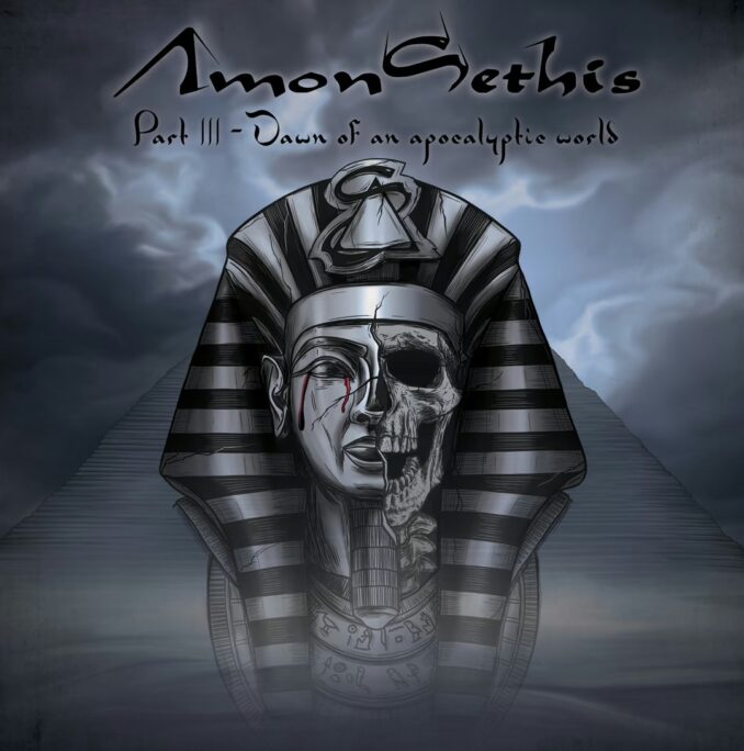 The album cover for Amon Sethis – Part III: Dawn Of An Apocalyptic World. It depicts a large, detailed drawing of an ancient Egyptian pharaoh's head in a nemes headdress. The left side of the face is alive, with red lines resembling blood or tears, while the right side is a decaying skull. In the smoky background, two large pyramids ascend towards a dark, cloudy, and ominous sky.