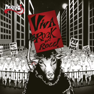 Album cover for hard rock band Deraps' 'Viva Rock N' Roll' (2025). The album cover features a bunch of white sheep hurling insults at a lone black sheep holding a red sign with the album title.