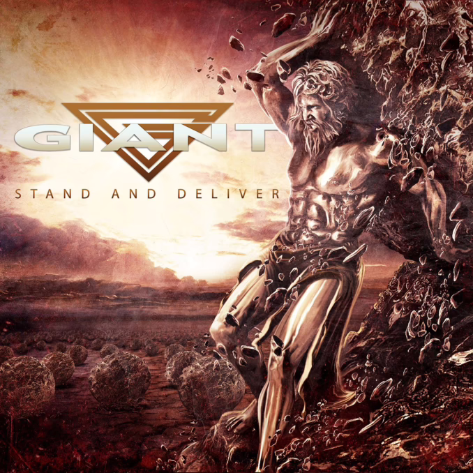 GIANT - Stand And Deliver cover art Album cover for Giant's 'Stand and Deliver,' featuring a Jesus-like figure holding up a giant rock as the sun sets in the background. The colors used for the album cover are brown, pink, and gold.