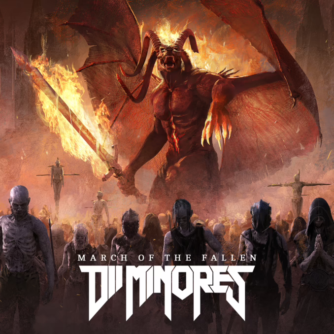 DII MINORES - March of the Fallen Album cover for Dii Minores' 'March of the Fallen.' It features an orange, yellow, and red sky with an angry skeleton demon (with horns and giant wings) about to attack his victims. Leading the way are his zombie demons.