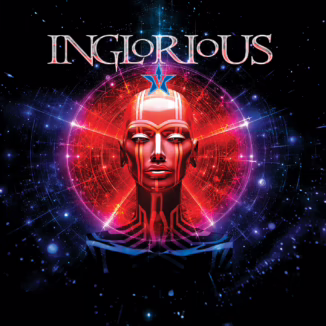 The album cover for Inglorious' 'V' (2025). The album cover has a space theme going on with the red "V" in the blue star, the outer space background with lots of stars and a striking visual of a red humanoid robot in the middle of a big, red circle.