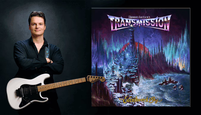 THOMAS CARLSEN'S TRANSMISSION A man in a black shirt stands with a white electric guitar, next to an album cover for 'Thomas Carlsen's Transmission: Clockwork Sky' featuring a fantastical landscape with a tower and vibrant, otherworldly colors.