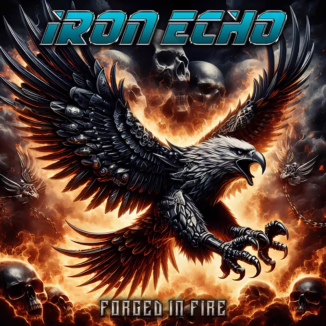 Iron Echo - Forged in Fire album cover art, featuring an eagle in the center of the image as it attacks.