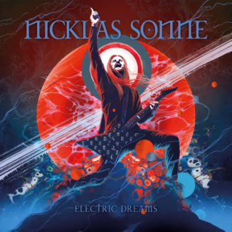 An illustrated album cover for "NICKLAS SONNE - Electric Dreams" depicts a long-haired man with a beard, dressed in a dark suit, passionately playing an electric guitar. He is illuminated by vibrant red and blue light, with his right arm raised towards the sky. Behind him, a large red sphere, resembling a planet or sun, pulses with energy, surrounded by a light blue ring. Lightning bolts strike downwards, and various small, stylized figures, some resembling ghosts or spirits, float around him. The overall impression is one of intense musical energy and a fantastical, almost cosmic, atmosphere.