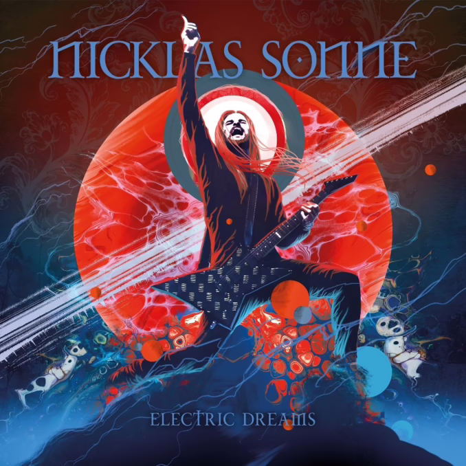 Nicklas Sonne - Electric Dreams Album Cover An illustrated album cover for "NICKLAS SONNE - Electric Dreams" depicts a long-haired man with a beard, dressed in a dark suit, passionately playing an electric guitar. He is illuminated by vibrant red and blue light, with his right arm raised towards the sky. Behind him, a large red sphere, resembling a planet or sun, pulses with energy, surrounded by a light blue ring. Lightning bolts strike downwards, and various small, stylized figures, some resembling ghosts or spirits, float around him. The overall impression is one of intense musical energy and a fantastical, almost cosmic, atmosphere.