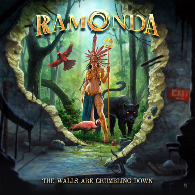 RAMONDA - The Walls Are Crumbling Down The album cover for Ramonda's 'The Walls Are Crumbling Down' (2025). There's a wall that's torn apart in the front. There's a red exit sign on the far right, behind the wall, there's a luscious, green jungle with a lady wearing a revealing gold outfit, a flamingo, a black puma, and a red robin.