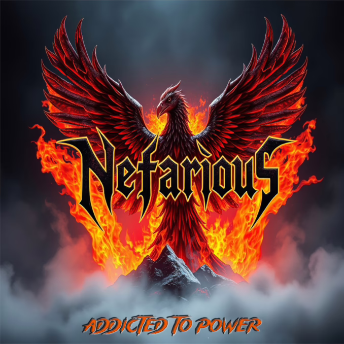 NEFARIOUS - Addicted To Power album cover An album cover for "Nefarious - Addicted to Power" features a powerful, dark phoenix with vibrant red and orange fiery wings spread wide, standing atop dark, jagged mountain peaks shrouded in mist. Flames engulf the lower part of the phoenix and the mountains. The word "Nefarious" is written in a stylized, jagged, yellow-outlined font with a red fill, positioned across the phoenix's body. Below the mountains, in smaller, fiery orange letters, are the words "ADDICTED TO POWER". The background is dark and smoky, emphasizing the dramatic and intense imagery.