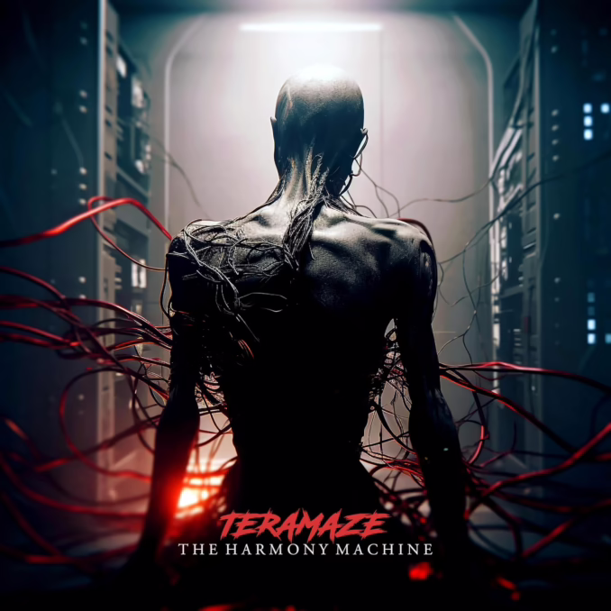 TERAMAZE - The Harmony Machine album cover An album cover for "Teramaze - The Harmony Machine" depicts a dark, emaciated, humanoid figure, seen from the back, standing in what appears to be a dimly lit, futuristic server room or corridor. The figure's body is covered in dark, intertwined cables that extend outwards, some glowing with a faint red light, suggesting they are connected to or emerging from the figure. The room has server racks on the sides with glowing blue lights, and a bright white light emanates from a doorway or opening in the distance. The overall mood is dark and somewhat unsettling, with a strong cybernetic or sci-fi theme.