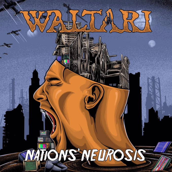 WALTARI - Nations' Neurosis album art An illustrated album cover for "Waltari - Nations' Neurosis" features a large, orange, disembodied head in profile, screaming with its mouth wide open, dominating the foreground. Inside the open head, a crumbling, war-torn building with multiple television screens displaying static is visible. Below the head, a swirling vortex contains more discarded electronic items, including TVs and computer components. In the background, a dark blue cityscape with industrial structures is silhouetted against a lighter blue sky with two full moons. Overhead, several bomber planes fly across the sky, leaving white trails. The band's name, "WALTARI," is prominently displayed in a large, textured orange font at the top, and "NATIONS' NEUROSIS" is written in white at the bottom. The overall image conveys themes of urban decay, technological overload, conflict, and societal distress.