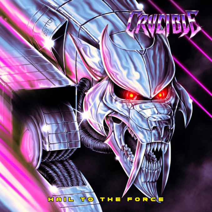 album cover with a retro, sci-fi/metal aesthetic. It features a menacing robotic creature with glowing red eyes, sharp metallic fangs, and armor plates, giving it the appearance of a cybernetic dragon or beast. The artwork is rendered in bright, metallic shades with strong purple and pink highlights and diagonal laser-like light beams crossing the background.