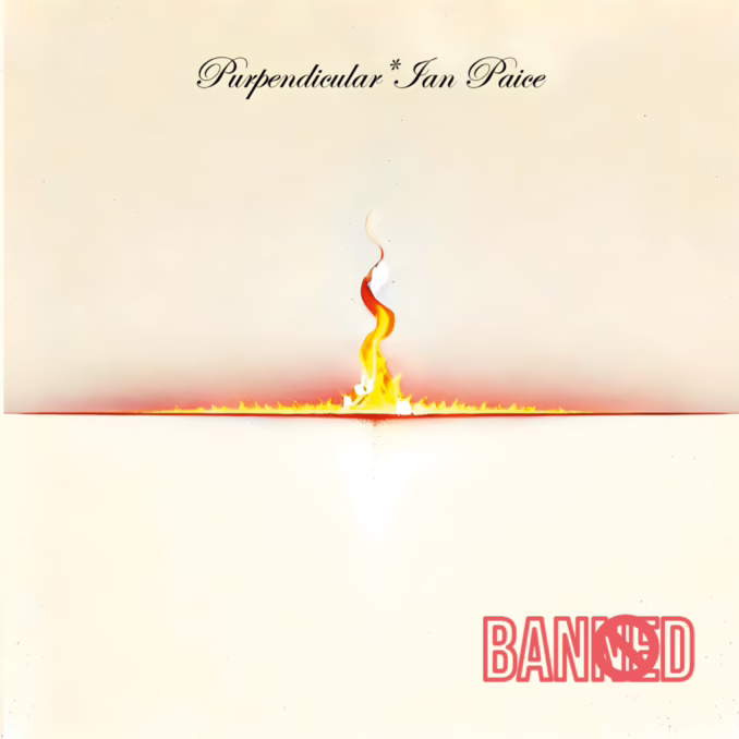 The minimalist album cover for Purpendicular featuring Ian Paice's album, "Banned." The artwork is a light cream color with a small stylized fire or flame rising from a dark horizontal line. The title "Purpendicular * Ian Paice" is at the top, and the word "BANNED" with a red strikethrough is at the bottom right.