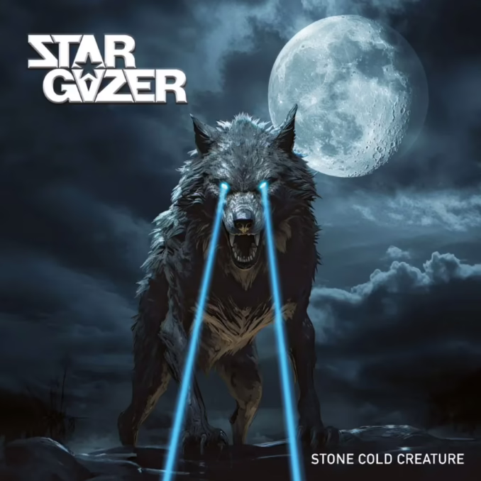 Stargazer - Stone Cold Creature Album Cover An album cover for "Stargazer - Stone Cold Creature" depicts a fearsome, dark wolf-like creature in the center, snarling with its mouth open. Two intense, glowing blue laser beams shoot downwards from its eyes. The creature stands on a rocky, desolate landscape, with a large, full moon glowing brightly behind its head against a dark, cloudy, and moody night sky. The band's name, "STARGAZER," is in a jagged, futuristic font at the top, and the album title, "STONE COLD CREATURE," is in a simple white font at the bottom right. The overall image combines a fantasy creature with sci-fi elements.