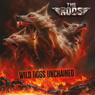 Album cover for The Rods' 'Wild Dogs Unchained.' There's an angry three-headed dog centered with a big chain on the bottom being destroyed by fire. The album title is centered and the band logo is on the top right corner.