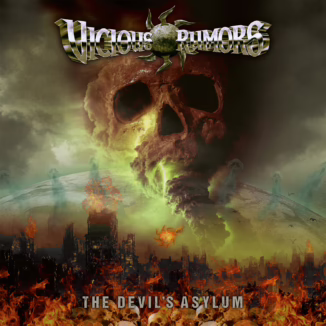 Album cover for Vicious Rumors' 'The Devil's Asylum.' It's a dark, gray, stormy sky with a giant skull displayed in the clouds. Below is a dystopian town lit on fire with a bunch of skulls being burnt in flames.