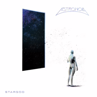 An album cover for "Astronoid - Stargod" features a minimalist design on a stark white background. A door on the left side is slightly ajar, revealing a view of a dark, star-filled cosmic sky. On the right, a smooth, pale, humanoid figure stands facing the open door, seemingly gazing at the starry void. The figure is partially dissolving into a cloud of dark dust or particles. The band name, "ASTRONOID," is written in a thin, futuristic font with an arched line above it, near the top center. The album title, "STARGOD," is in a simple, capital letter font at the bottom left. The overall impression is ethereal and sci-fi.