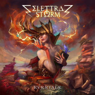 Album cover for Elettra Storm's 'Evertale' (2025), which fittingly enough, shows a woman surrounded by a lot of books. Lightning bolts are coming out of her right hand and the background is a nice redish orange. The band logo is on the top middle, followed by the album title on the bottom middle.