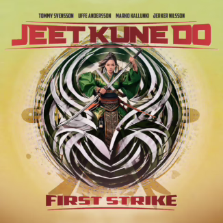 Album cover for Swedish hard rock band Jeet Kune Do's 'First Strike' (2025). The album is martial arts-themed with a young lady in a green kimono holding a samurai sword. It's a yellow background with the band name printed on the top middle in red and the album title on the bottom middle, also in red. The band members' names are printed on top of the band name in black, making the album cover look like a movie poster.