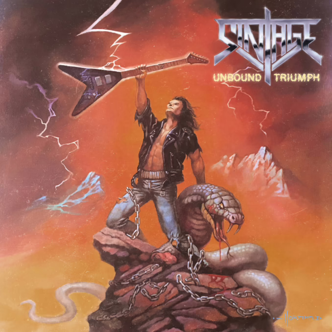 An album cover for Sintage - Unbound Triumph is a classic heavy metal illustration featuring a muscular man with long dark hair standing triumphantly on a pile of jagged rocks. He is dressed in an open black leather vest, blue jeans, and chains, and is raising a black V-shaped electric guitar over his head. At his feet, a large, venomous snake, possibly a cobra, is partially wrapped around the rocks and secured by heavy chains, with blood visible around its mouth. The background is a dramatic, fiery orange and red sky with bolts of white and blue lightning striking around the figure. The band name, "SINTAGE," is at the top in a metallic, angular font, and the album title, "UNBOUND TRIUMPH," is below it. The overall aesthetic is one of raw power and victory.