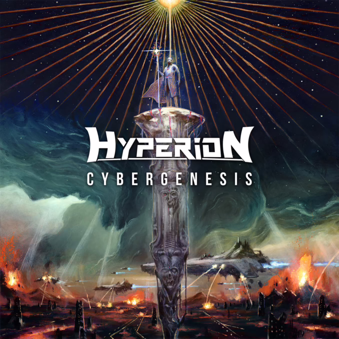 Album cover for HyperioN's 'Cybergenesis.' The image features a dystopian battlefield with a man standing atop a giant riser. The man is holding a stick and looking up at the bright, yellow sun.