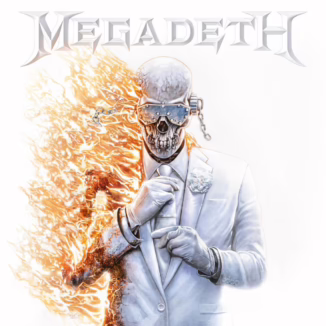 Album cover for Megadeth's self-titled album. It's a white background with the Megadeth logo written on the top middle in white. Megadeth's mascot, Vic Rattlehead, is wearing a white suit, but part of the right side of his body is engulfed in flames.