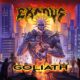 Album cover for Exodus' 'Goliath.' The band name is on the top middle and the album name is featured on the bottom middle. The sun is setting behind a crowded city with lots of buildings. People are running away from a giant monster, supposedly Goliath. One guy on the far right is begging down towards him, however.