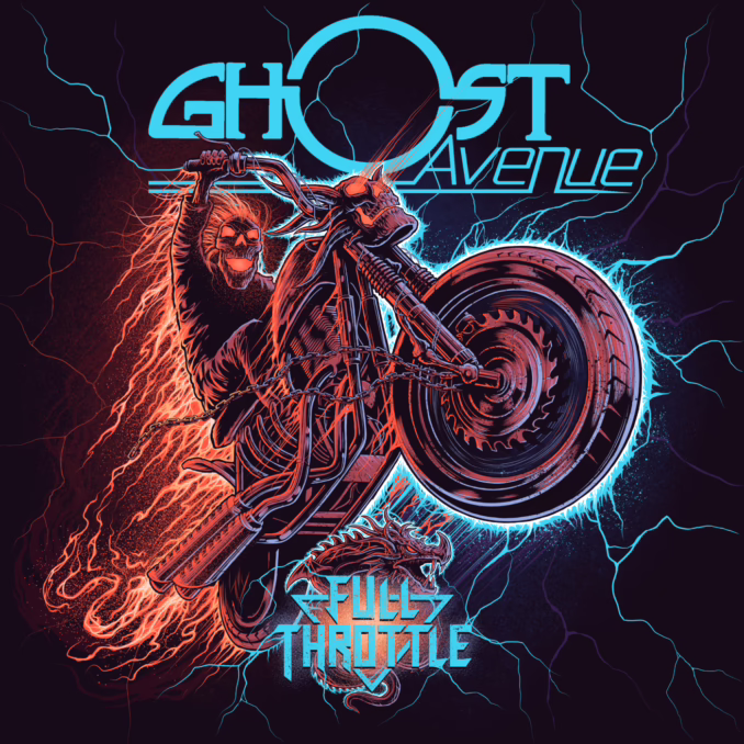 Album cover for Ghost Avenue's 'Full Throttle' (2026). There's a skull face motorcycle rider colored in shades of yellow, orange, and light blue. There are lightning bolts sprinkled throughout the album cover, as well. The band name is on the top middle and the album title is on the bottom middle in smaller font.