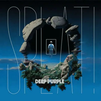 Album cover for Deep Purple's 'Splat!' (2026). It's a blue background with a circular rock formation and in the middle, a man is walking towards what looks to be a rectangular door. The album title is printed in giant letters almost covering the album cover and the band name is printed in smaller font in bold letters on the bottom middle.