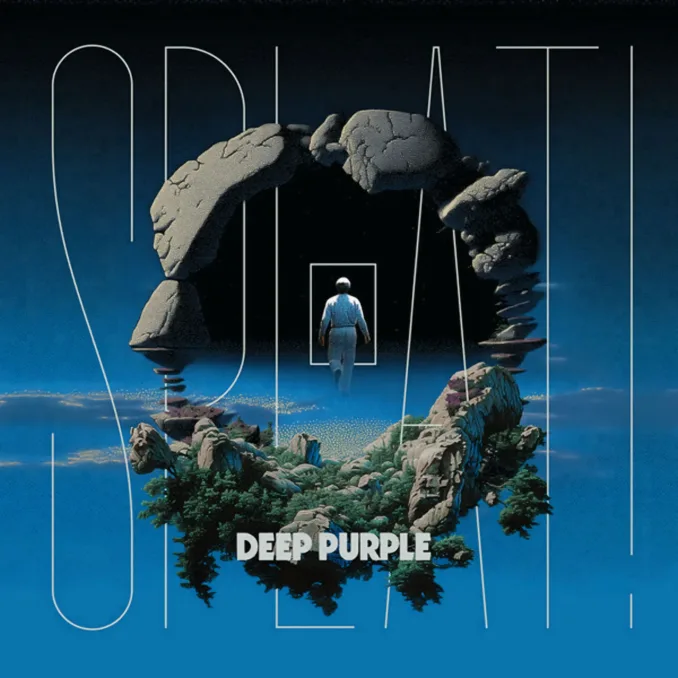 Album cover for Deep Purple's 'Splat!' (2026). It's a blue background with a circular rock formation and in the middle, a man is walking towards what looks to be a rectangular door. The album title is printed in giant letters almost covering the album cover and the band name is printed in smaller font in bold letters on the bottom middle.