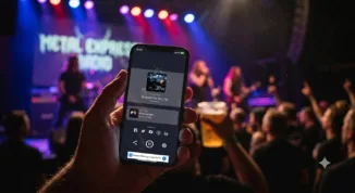 A close-up of a fan holding a smartphone displaying the Metal Express Radio app live stream, with a blurry heavy metal band playing on a stage with concert lighting in the background.