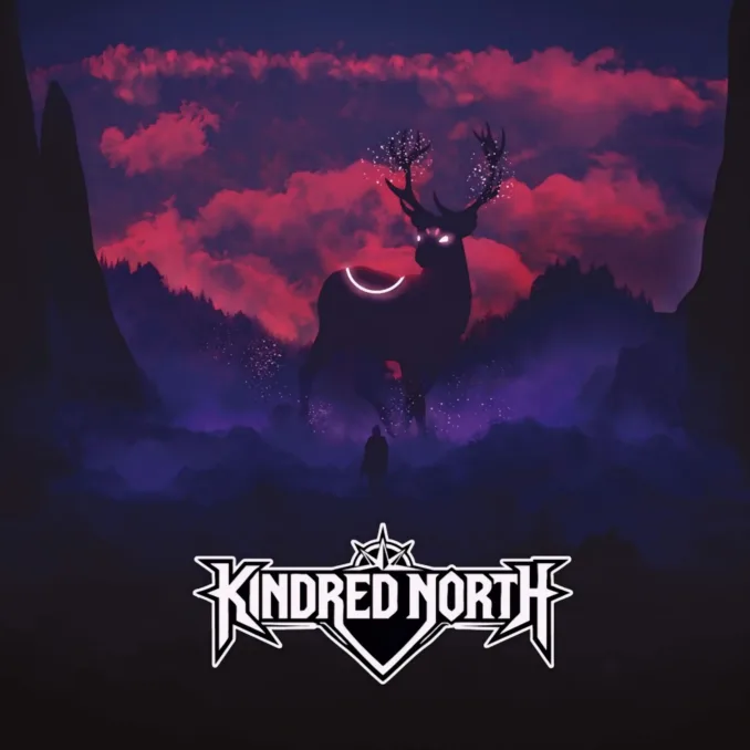 KINDRED NORTH - Kindred North Album cover for Kindred North's self-titled debut album. It's a beautiful forest with purple, pink, and black textures. There is a deer in the center and the band logo is printed in white on the bottom middle.