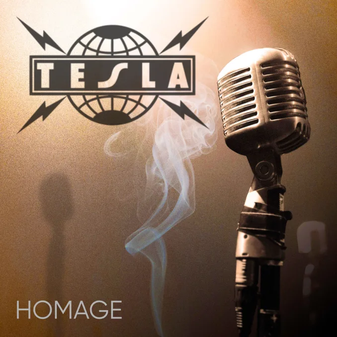 TESLA - Homage album cover Album cover for Tesla's 'Homage' (2026). It’s a copper background with a vintage microphone stand, cigarette smoke on the side, the band logo is on the top left corner, and the album title is printed in plain font on the bottom left.