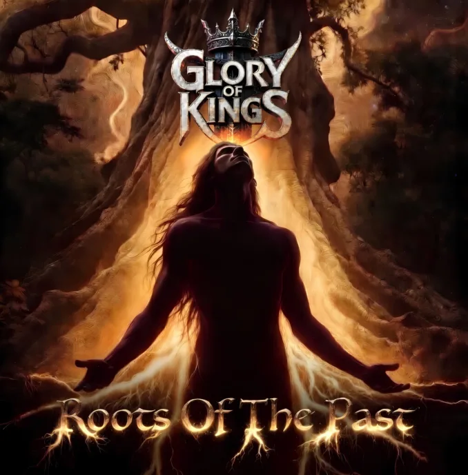 Album cover for Glory of Kings' 'Roots of the Past' (2026) album. The band name is printed on the top center and the album title is on the bottom center. The album title has a similar art style to the cover design with the gold and brown hues with roots growing on the bottom. A man is standing from and center, looking upwards at the sky and casting a golden presence. There is a brown tree surrounded by a dark night sky behind him.