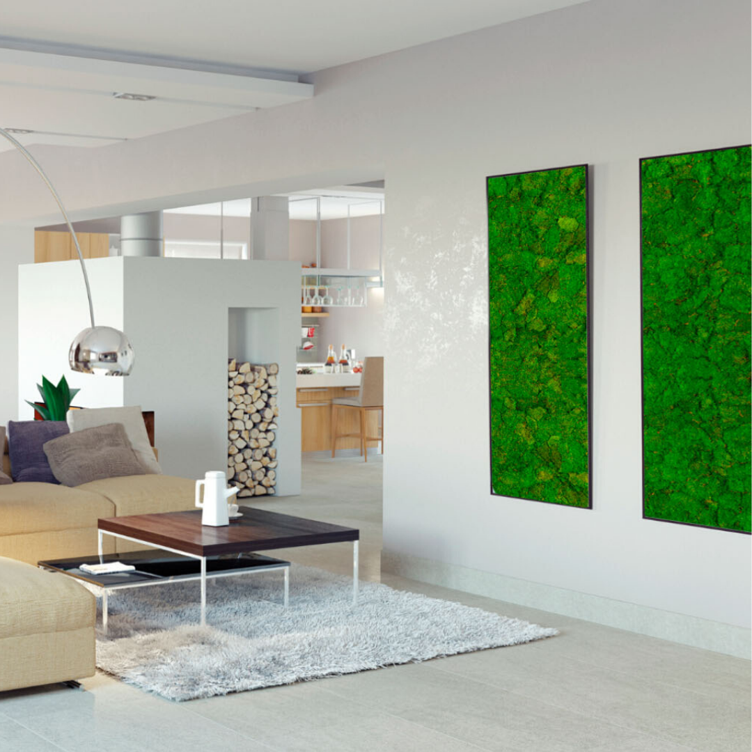 Lange mosschilderijen in woonkamer