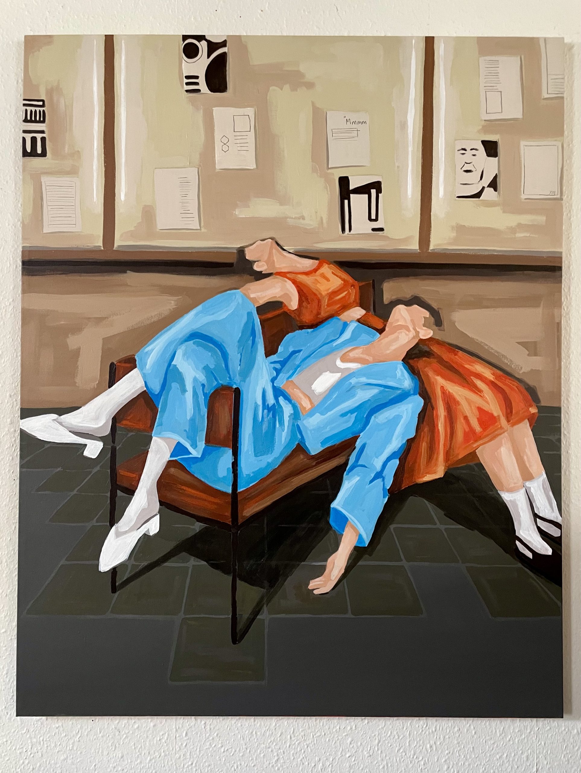 "Veninder" Fuldt maleri - to trætte kvinder på en bænk
