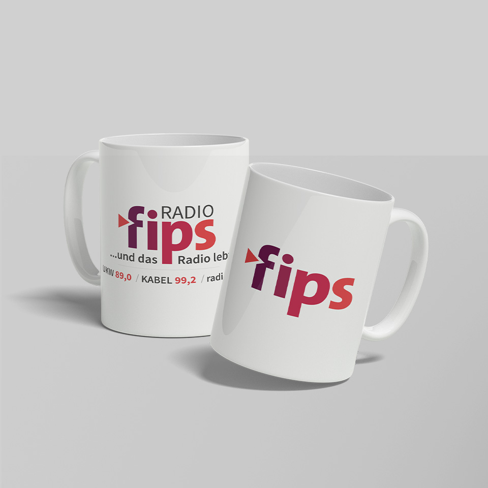 Tassen mit neuem radio fips Logo, Corporate Design, Rebranding, Brand Design, Identity,