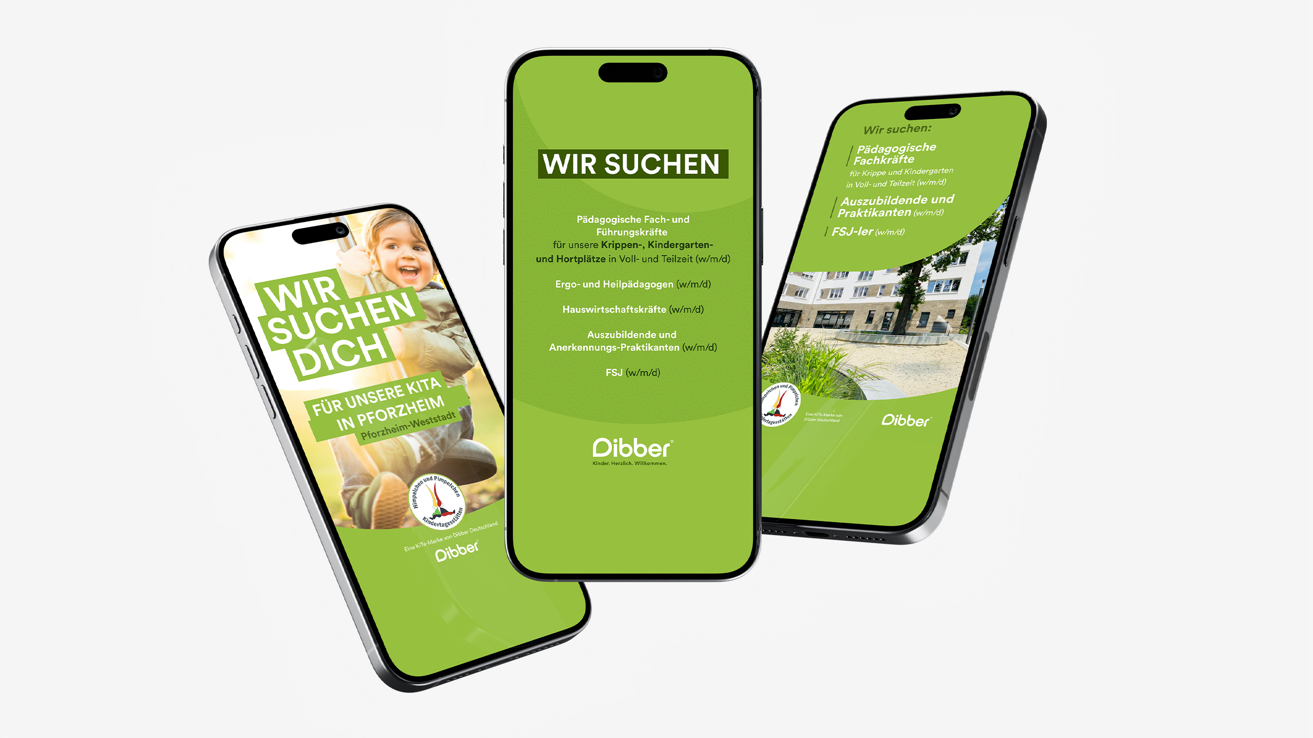 Mockup: Drei Smartphones mit Recruiting-Kampagnenmotiven für Dibber Deutschland